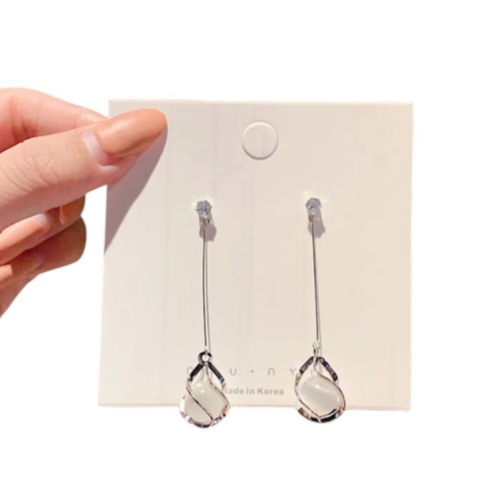Silver Opal Drop Stainless Steel Earrings